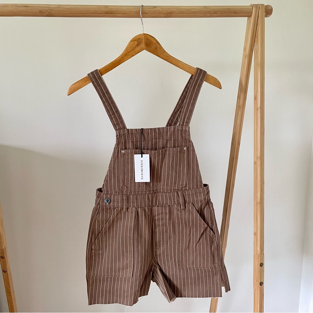 NWT WeWoreWhat Slit Shortalls Overalls in Brown Pinstripe - XS